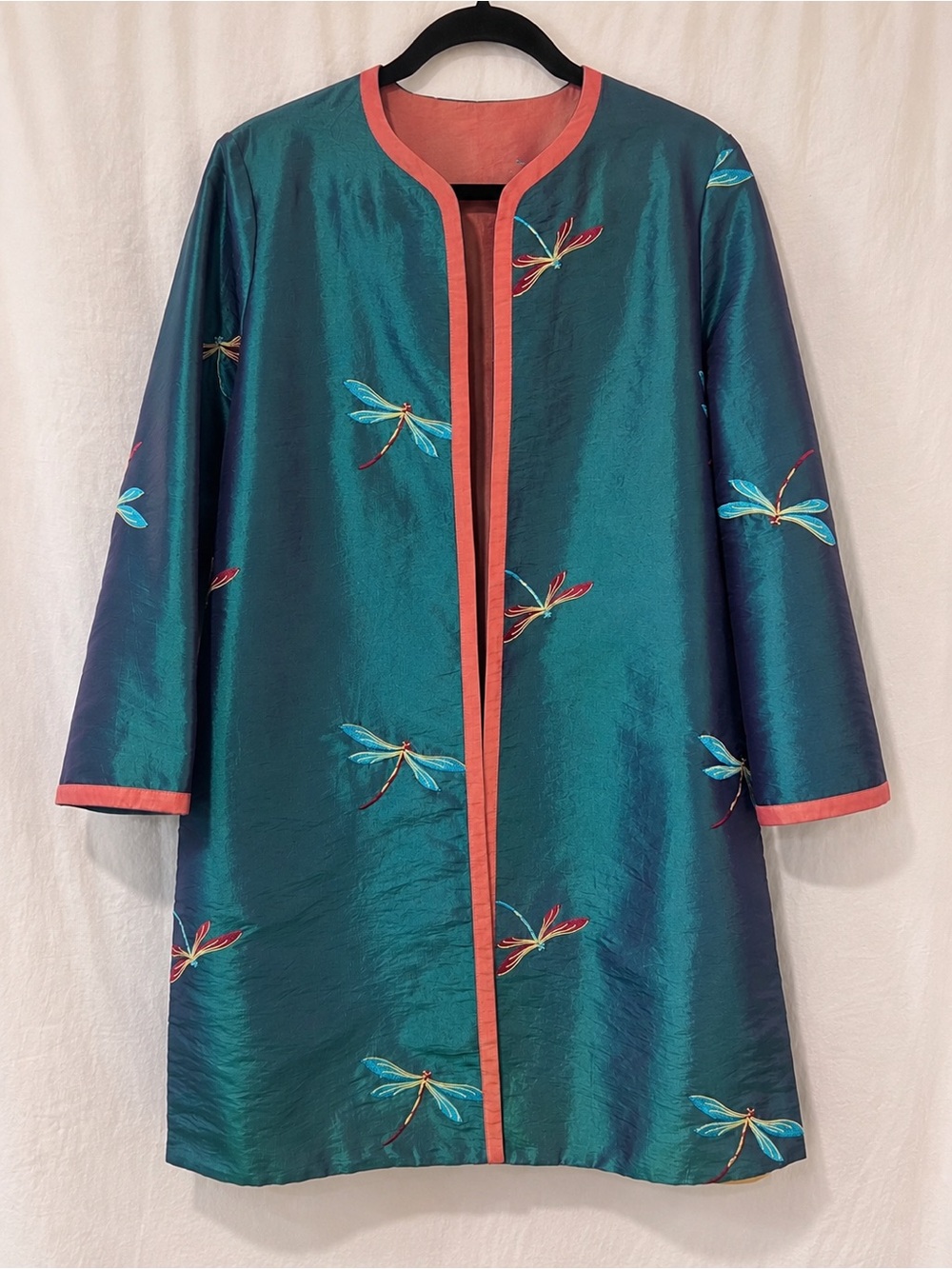 Reversible Cathayana Studio Dragonfly Silk Blend Jacket Coat Teal Melon S/M